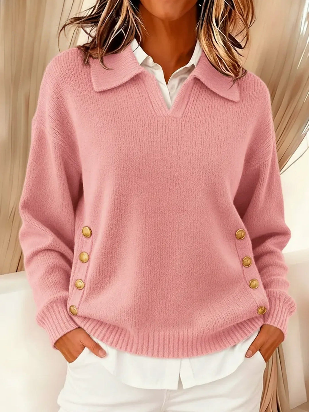 Lorayne | Knit Sweater Featuring Pink Button Details