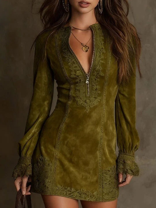 Lunori™ | Aurora Lace-Trimmed Suede Mini Dress