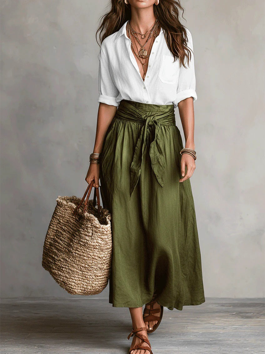 RIVER™ Two-Piece Set: Black Top and Olive Green Midi Skirt