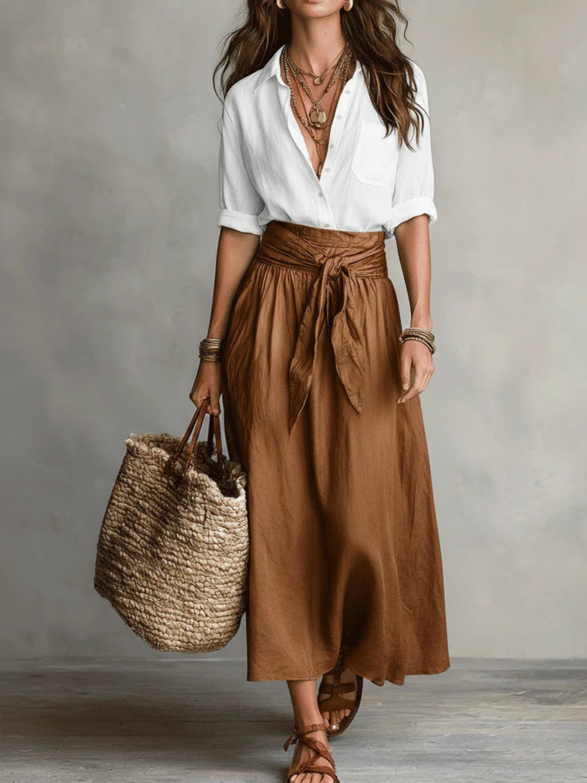 RIVER™ Two-Piece Set: Black Top and Olive Green Midi Skirt