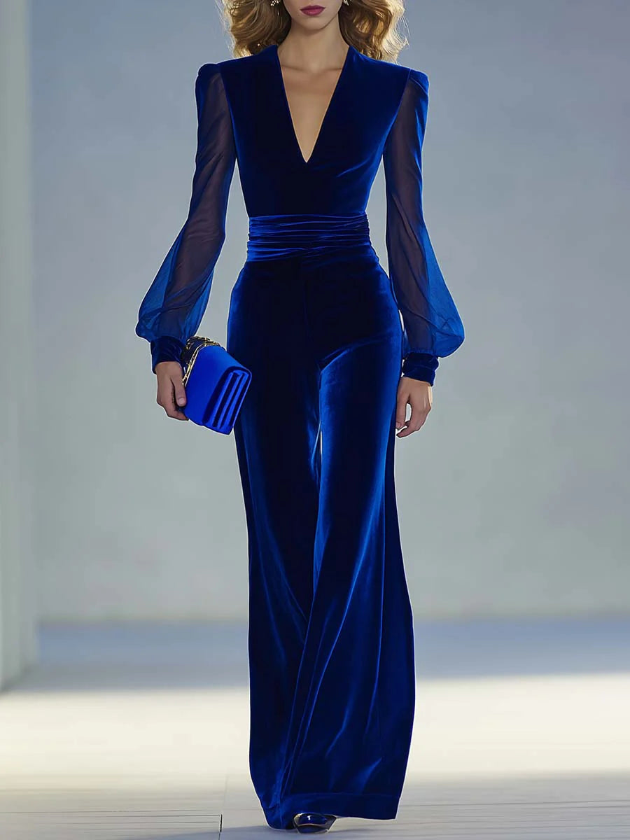 Brigid’s Ember | Retro V-neck Velvet Jumpsuit