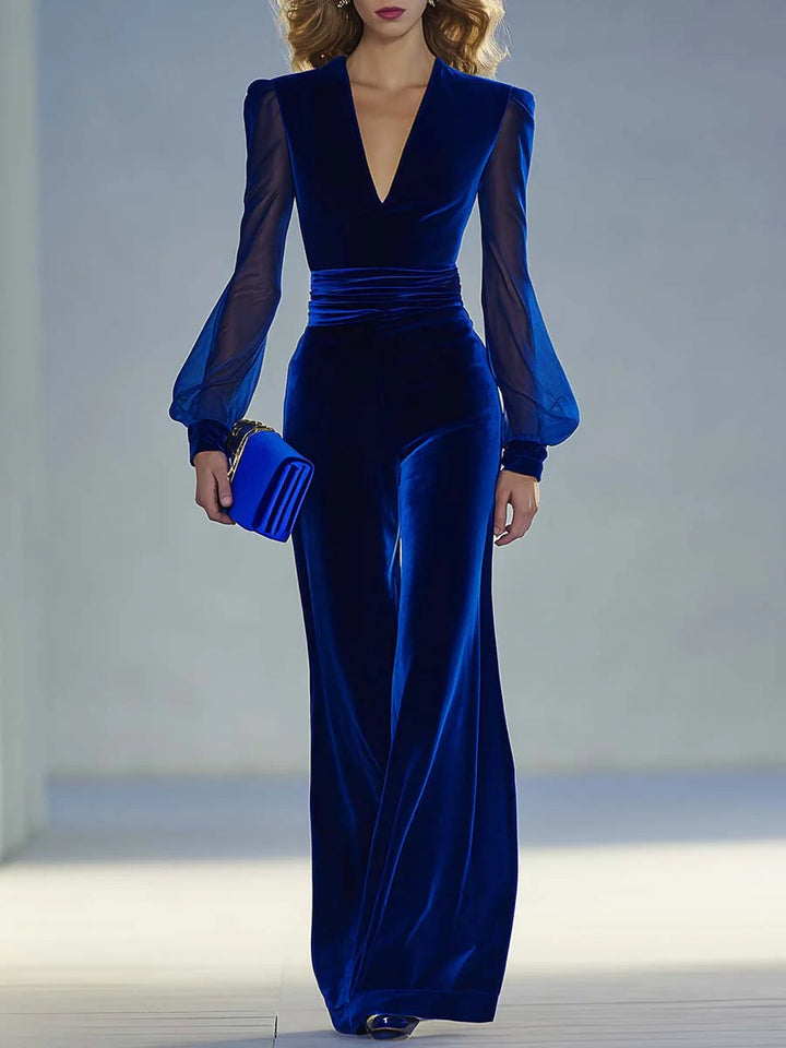 Brigid’s Ember | Retro V-neck Velvet Jumpsuit