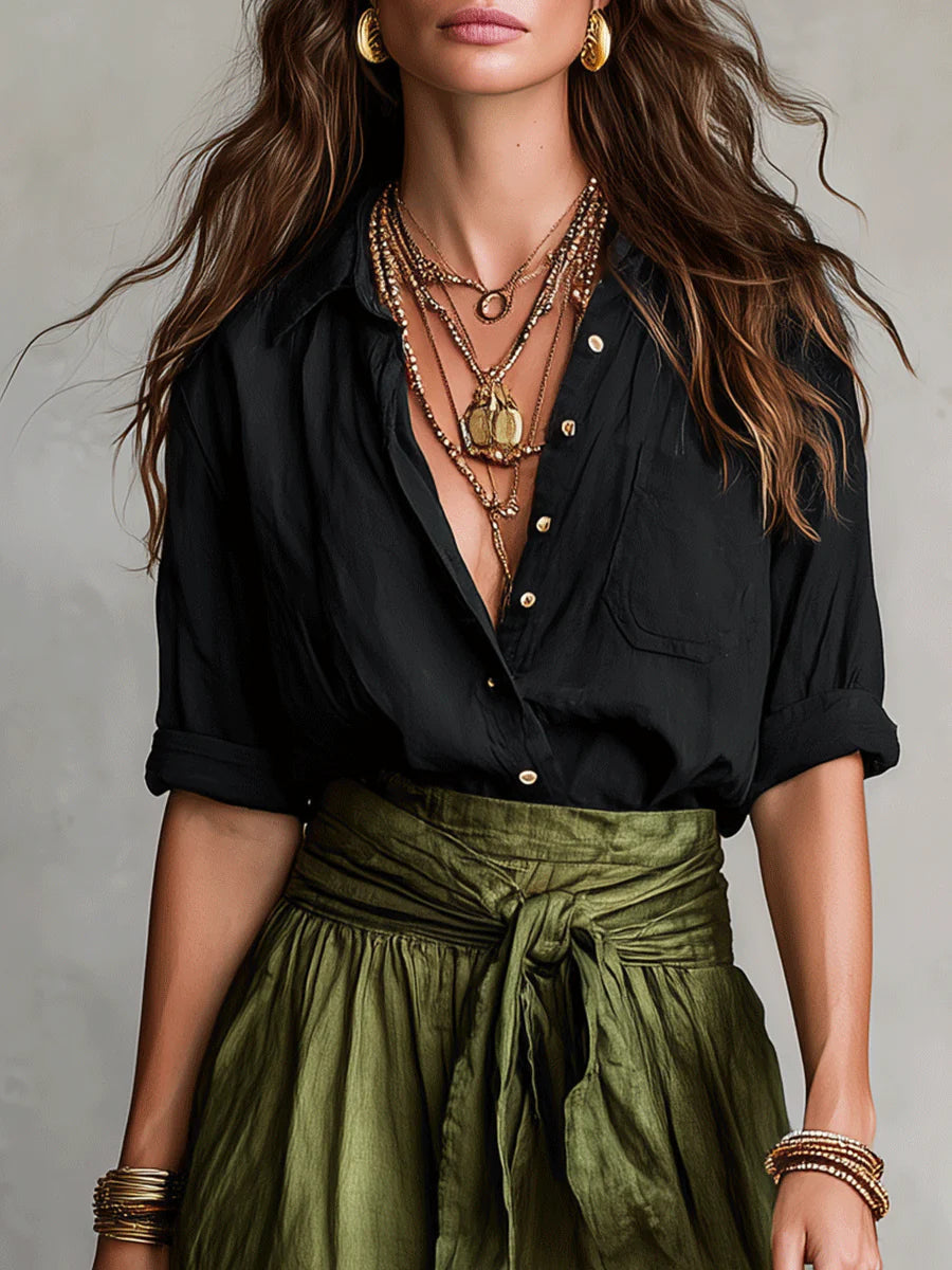 RIVER™ Two-Piece Set: Black Top and Olive Green Midi Skirt