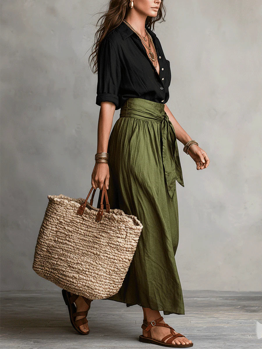RIVER™ Two-Piece Set: Black Top and Olive Green Midi Skirt
