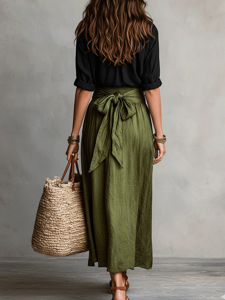 RIVER™ Two-Piece Set: Black Top and Olive Green Midi Skirt