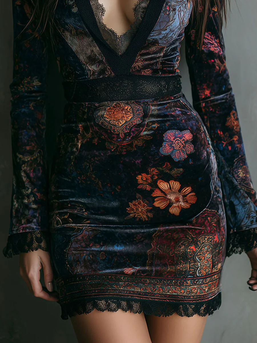 Lunori™ Sofia Floral Velvet Mini Dress