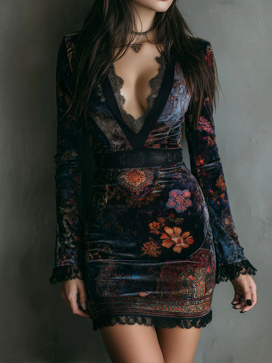 Lunori™ Sofia Floral Velvet Mini Dress
