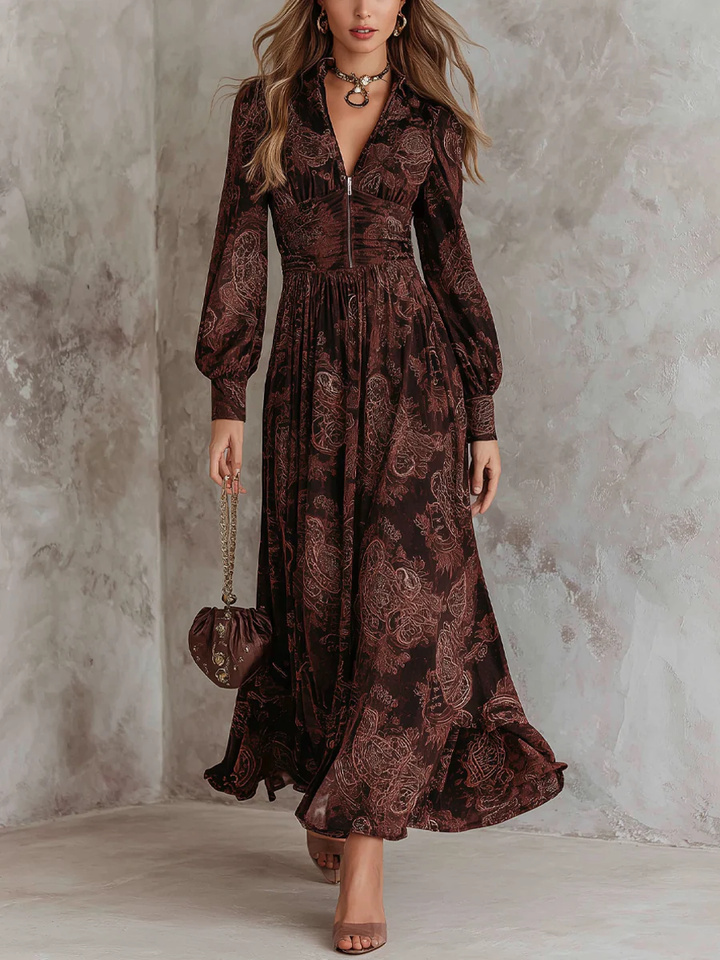 Lunori™ Marlene | Midi Paisley Dress with Neck Zip Detail