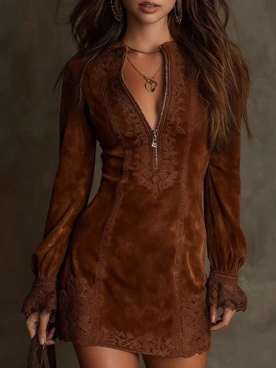 Lunori™ | Aurora Lace-Trimmed Suede Mini Dress
