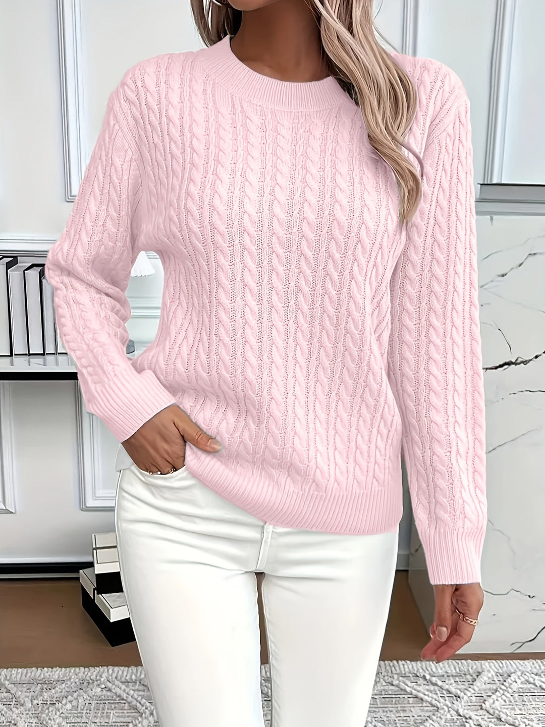 Evelyn | Soft Pink Cable Knit Sweater