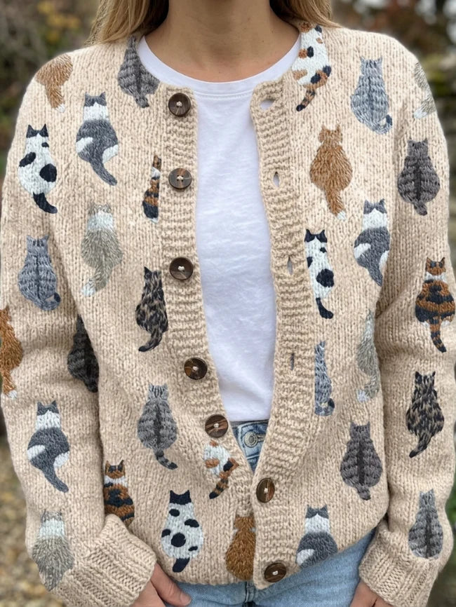 Charlotte™ | Cozy Cat Print Cardigan.