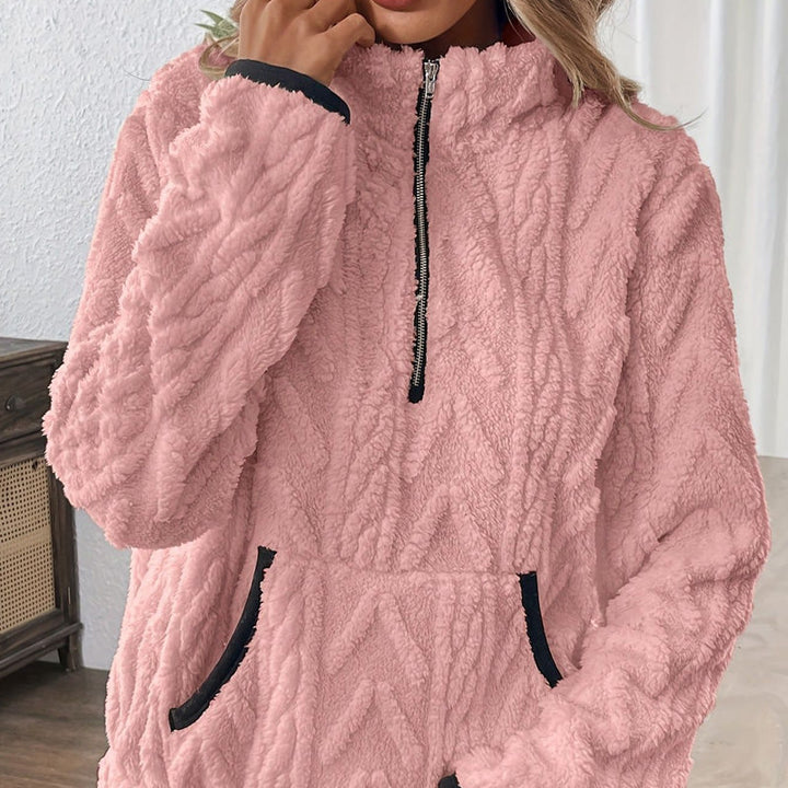 Harper | Soft Pink Fuzzy Half-Zip Sweatshirt with Pockets