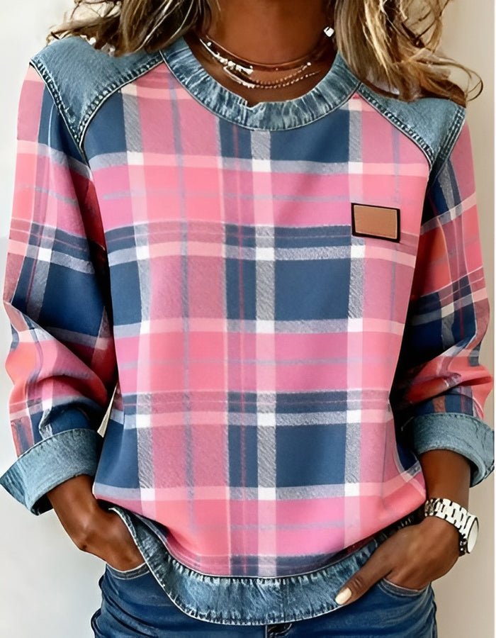 Avery | Pink Checkered Knit Denim Sweater